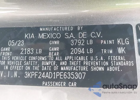 2023 Kia Forte Lxs z USA, uszkodzony, nr VIN 3KPF24AD1PE635307